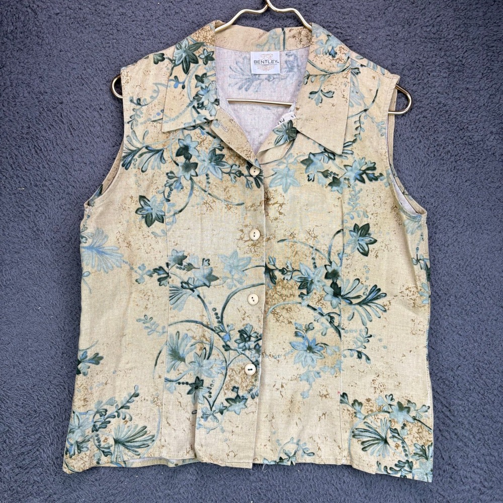 TR Bentley Womens Floral Linen Blend Sleeveless Button Down Top Tan Blue